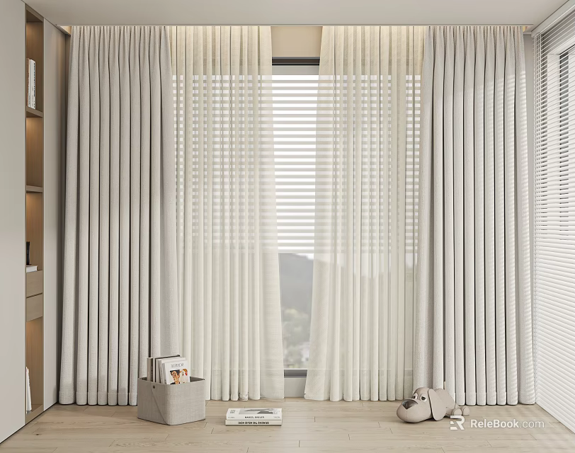 Elegant Linen Curtains In Modern Interior With Window And Natural Light 3d model 