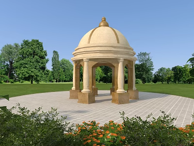 Classic Garden Gazebo With Dome Roof Stone Columns Paved Ground And Flower Bushes 3d model
