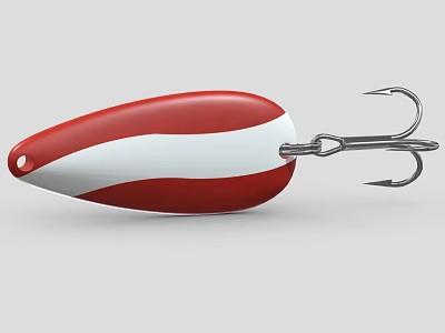 Red and White Fishing Lure with Sharp Metal Hooks for Outdoor Angling Activities 3d model