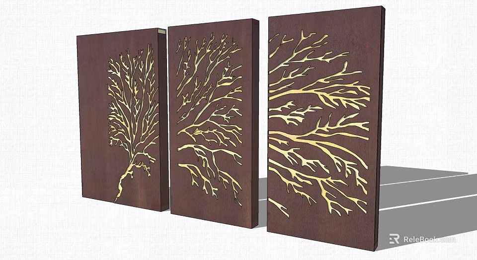 Decorative Dark Brown Room Partitions Featuring Golden Branch Patterns for Modern Interior 3d model