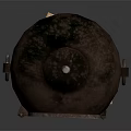 Rusty Metal Stove with Cylindrical Chimney Grilled Door and Short Legs on Wooden Base