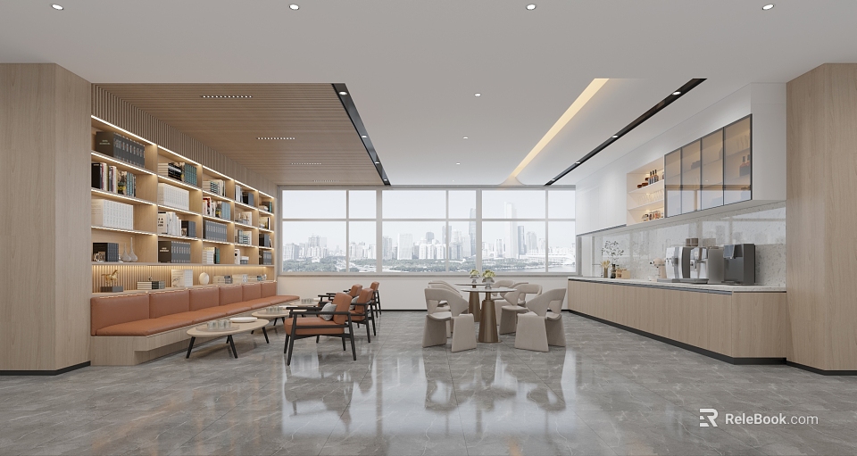 Modern Spacious Office Break Room Interior With Large Windows City View Sofa And Tables 3d model 