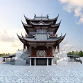 Ancient Chinese Pavilion Architecture with Multi Tiered Eaves Wooden Structure Stone Steps and Paved Square