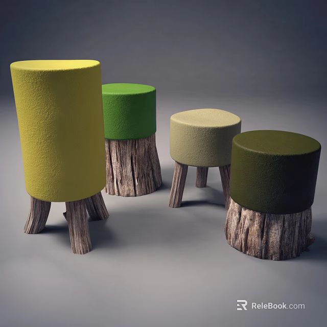 Rustic Cylindrical Stools with Wooden Tree Trunk Legs in Yellow Green Beige Dark Green 3d model 