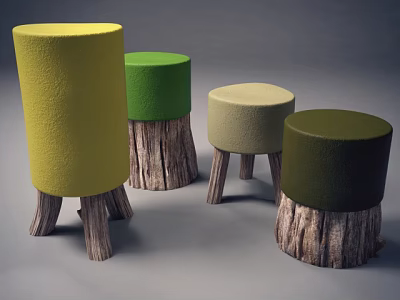 Rustic Cylindrical Stools with Wooden Tree Trunk Legs in Yellow Green Beige Dark Green 3d model