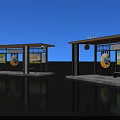 Modern Bus Stop With Shelter Billboards Blue Sky And Water Reflection