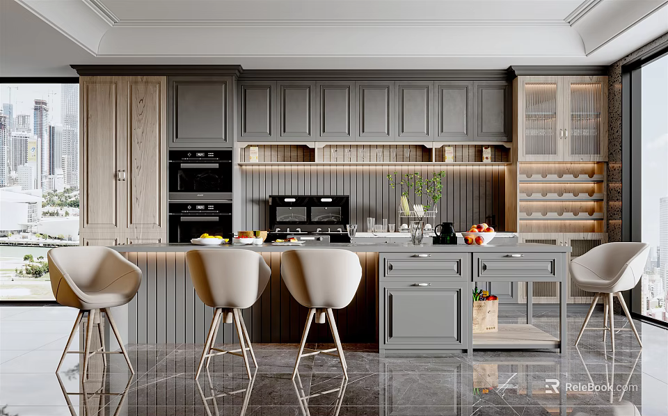 Modern Restaurant Kitchen Interior With Gray Cabinets Marble Island Counter Bar Stools And Ovens 3d model 