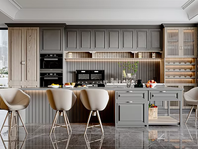 Modern Restaurant Kitchen Interior With Gray Cabinets Marble Island Counter Bar Stools And Ovens 3d model