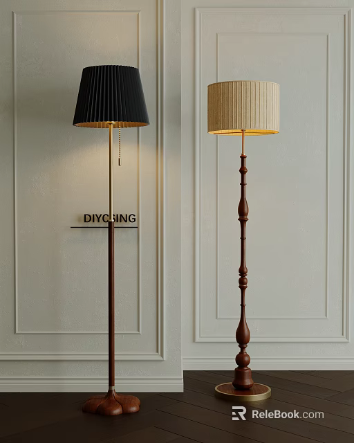 Modern Black and Beige Shades Wooden Floor Lamps with Light Wall Background Design 3d model 