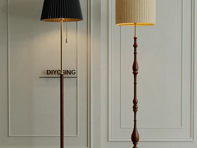 Modern Black and Beige Shades Wooden Floor Lamps with Light Wall Background Design 3d model