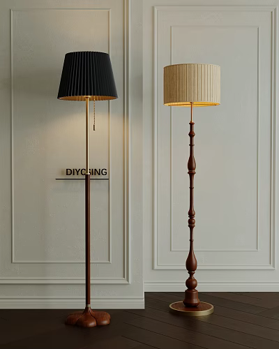 Modern Black and Beige Shades Wooden Floor Lamps with Light Wall Background Design 3d model
