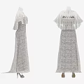 Elegant Feminine White Lace Long Dress Featuring Detachable Cape Detail