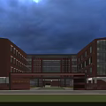 Modern School Building With Red Brick Exterior Glass Curtain Walls Road And Cars At Dusk
