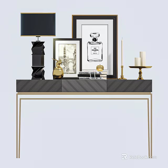 Elegant Modern Console Table With Decorative Lamp Picture Frames Perfume Artwork And Brass Candles Tray 3d model