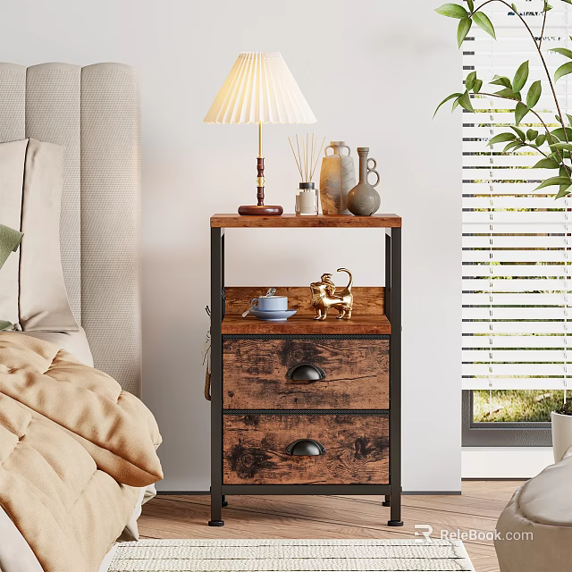 Wooden Storage Shelf With Drawers Table Lamp And Decorative Items In Bedroom 3d model 