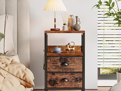 Wooden Storage Shelf With Drawers Table Lamp And Decorative Items In Bedroom 3d model