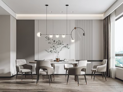 Modern Restaurant Interior Featuring White Dining Table Beige Chairs Pendant Lights Curtains And Wooden Floors 3d model