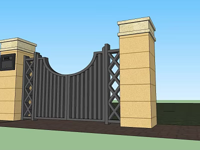 Elegant Wrought Iron Entry Gate With Arched Top Diamond Patterns And Beige Pillars 3d model