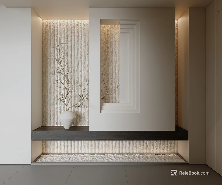 Modern Entryway Interior With Textured Wall Vase Branches And Recessed Lighting 3d model 