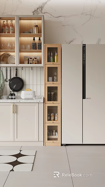 Modern Kitchen Storage Cabinet With Glass Doors Wooden Shelves And Spice Jars On Countertop 3d model 