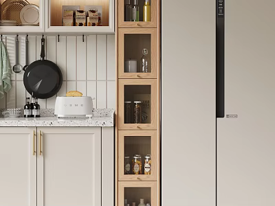 Modern Kitchen Storage Cabinet With Glass Doors Wooden Shelves And Spice Jars On Countertop 3d model