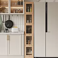 Modern Kitchen Storage Cabinet With Glass Doors Wooden Shelves And Spice Jars On Countertop