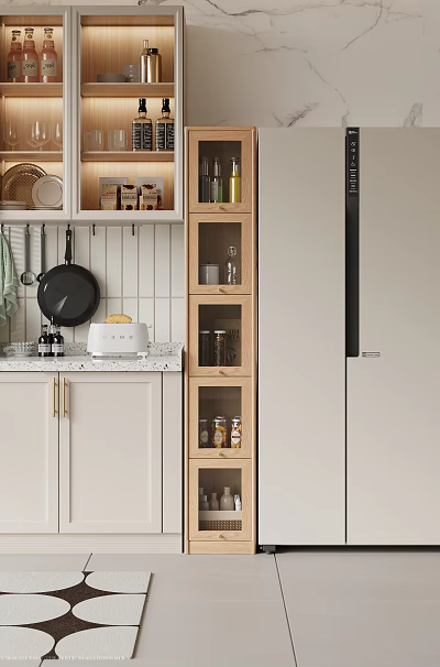 Modern Kitchen Storage Cabinet With Glass Doors Wooden Shelves And Spice Jars On Countertop 3d model