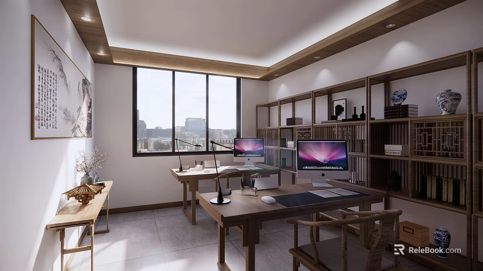 Traditional Office Interior With Wooden Bookshelves Desks Computers And Large Windows City View 3d model 