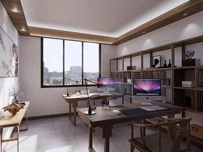 Traditional Office Interior With Wooden Bookshelves Desks Computers And Large Windows City View 3d model