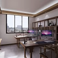 Traditional Office Interior With Wooden Bookshelves Desks Computers And Large Windows City View