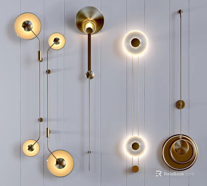 Stylish Modern Golden Wall Lamps Featuring Circular Shapes And Illuminated Rings 3d model 