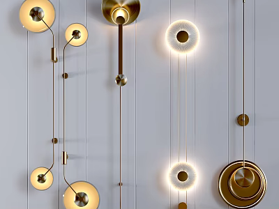 Stylish Modern Golden Wall Lamps Featuring Circular Shapes And Illuminated Rings 3d model