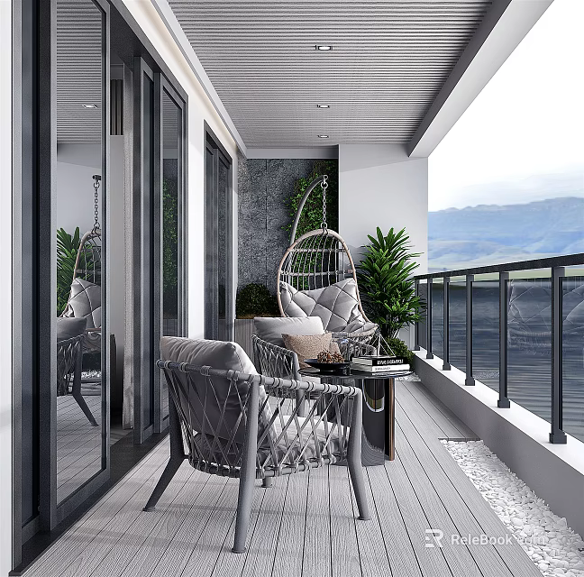 Modern Home Balcony Design With Rattan Chairs Hanging Chair And Potted Plants 3d model 