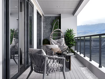 Modern Home Balcony Design With Rattan Chairs Hanging Chair And Potted Plants 3d model