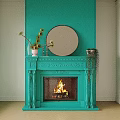 Turquoise Fireplace With Ornate Carvings Burning Flames And Potted Plants Above Mirror