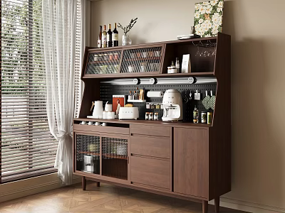 Modern Walnut Sideboard with Glass Doors Wine Bottles Coffee Machine and Decorative Items 3d model