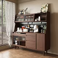 Modern Walnut Sideboard with Glass Doors Wine Bottles Coffee Machine and Decorative Items