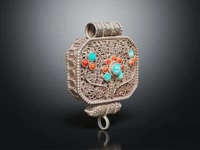 Elegant Silver Filigree Fashion Pendant With Turquoise And Coral Decorative Stones 3d model