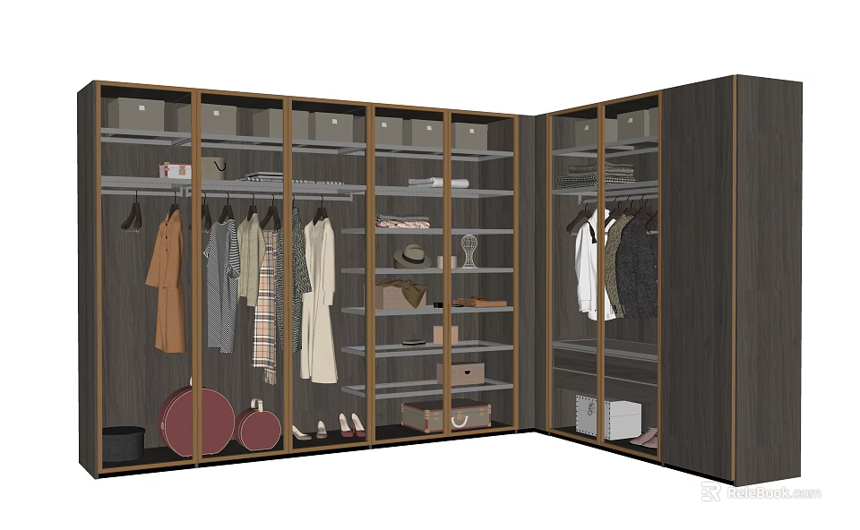 Modern Corner Wardrobe With Multiple Compartments Hanging Clothes Hats Shoes And Storage Boxes 3d model