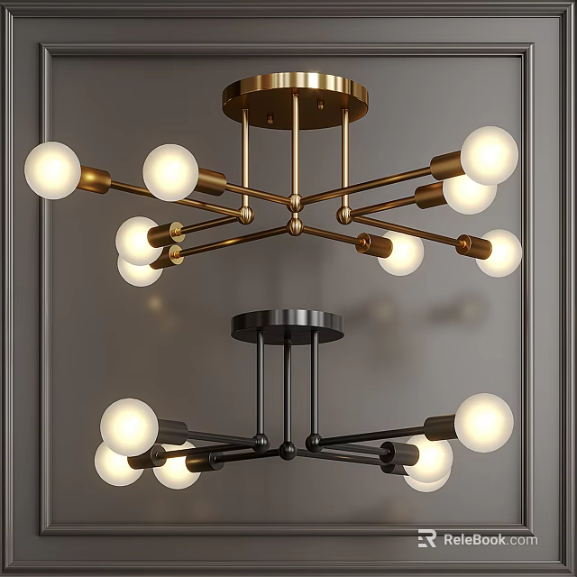 Modern Gold And Black Chandeliers With Spherical Bulbs And Metal Frame Design 3d model 
