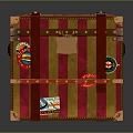 Vintage Trunk With Red And Gold Stripes And Various Travel Stickers