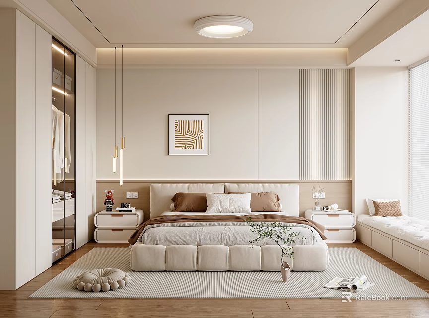 Modern Bedroom Featuring Neutral Tones Plush Bed Bedside Tables Artwork Window Bench And Potted Plant 3d model