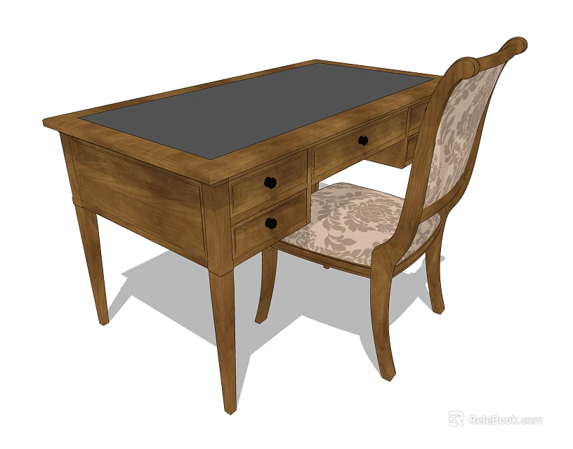Wooden Writing Desk With Dark Top Drawers And Matching Upholstered Patterned Chair 3d model 