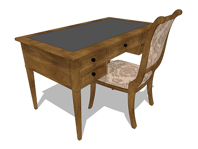 Wooden Writing Desk With Dark Top Drawers And Matching Upholstered Patterned Chair 3d model