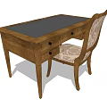 Wooden Writing Desk With Dark Top Drawers And Matching Upholstered Patterned Chair