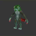 3D Fantasy Monster Character With Brown Body White Underbelly Horned Head And Purple Claws