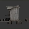 Weathered Rustic Wooden Cabin Exterior With Pier Deck Barrels And Lantern