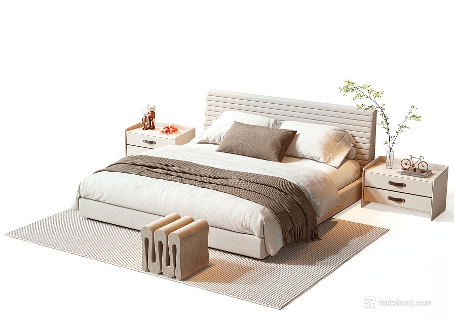 Double Bed with Upholstered Headboard Beige Bedding Bedside Tables Decorations Stool and Rug in Bedroom 3d model 