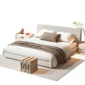 Double Bed with Upholstered Headboard Beige Bedding Bedside Tables Decorations Stool and Rug in Bedroom