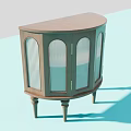 Semicircular Wooden Decorative Cabinet With Glass Doors Vertical Slats And Golden Handles